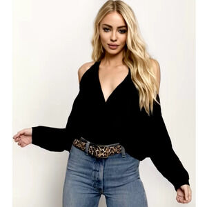 Tobi Black Cold Shoulder Long Sleeve Flowy V-Neck Keyhole Back Blouse M